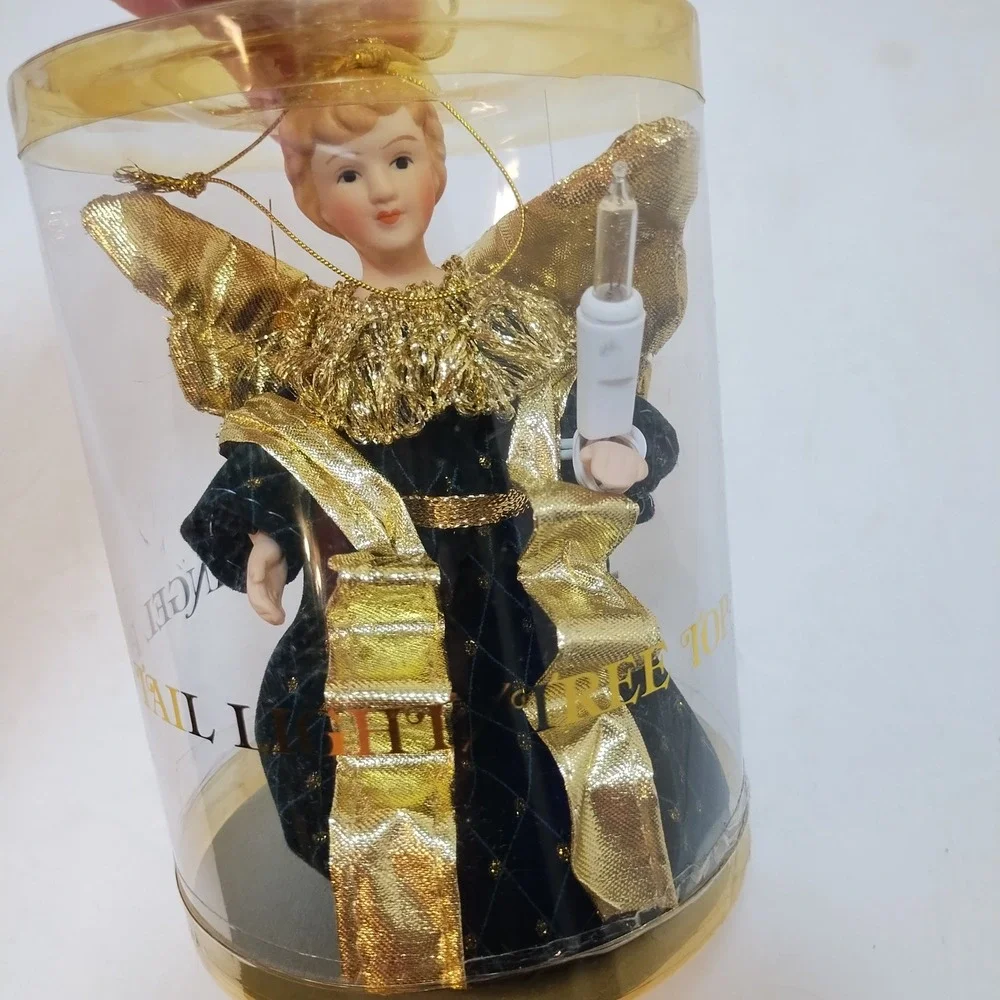 Angel Tree Topper 5 in Ceramic Porcelain Gold‎ Green Lighted Christmas